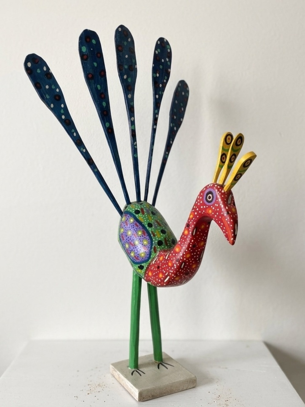 Colorful Wood Peacock Bird Figurine - Red, Green, Blue, Yellow
